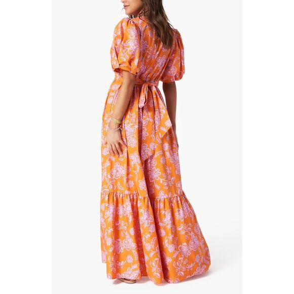 XIRENA Larkyn Orange Pink Print Midi Maxi Puff Sleeve Ruffle Dress Tuckernuck - Picture 2 of 16